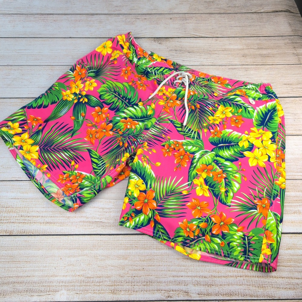 VTG Polo Ralph Lauren Mens Pink Tropical Floral Swim Trunks Board Shorts Size 40
